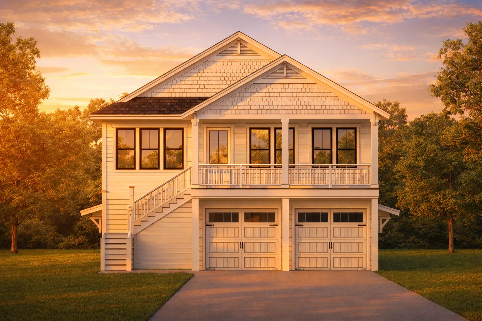 Front elevation of a Coastal Traditional garage apartment with lap siding, covered balcony, exterior stair, and dual garage bays