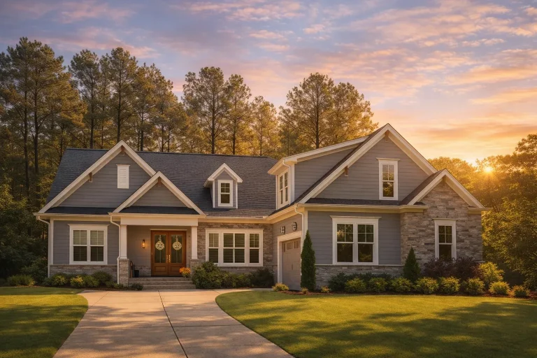 Front exterior of a New American Modern Traditional home with stone veneer, horizontal siding, Craftsman details, and attached garage