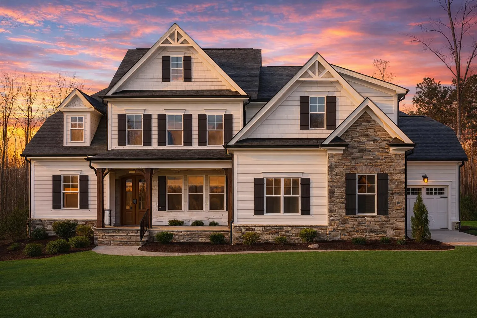 Front elevation of a New American style two-story house featuring stone accents, horizontal siding, gabled rooflines, and a welcoming covered front porch