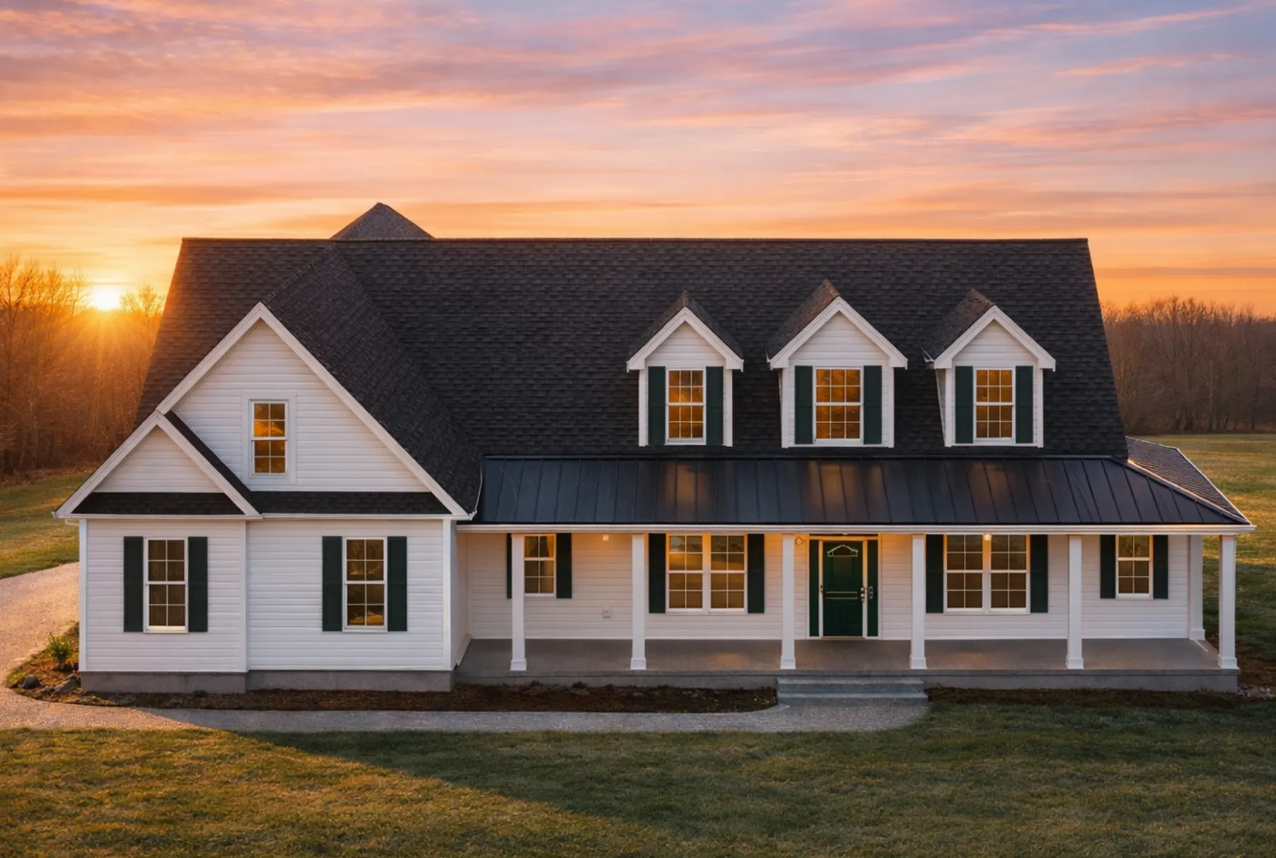 Front elevation of a Cape Cod Colonial style home with white lap siding, black shutters, symmetrical dormers, and a covered front porch