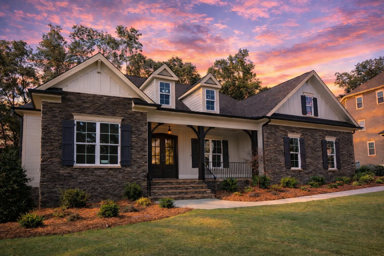Craftsman home plan with stone and board-and-batten exterior, gabled roof, and front porch with dark double doors
