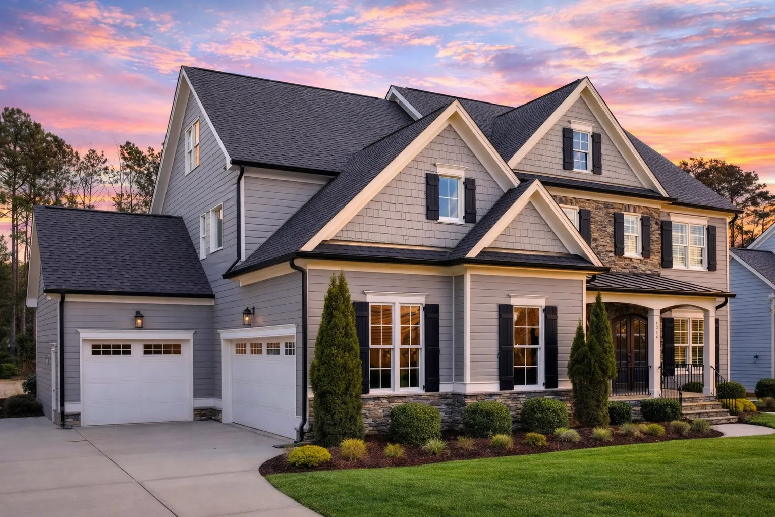 Front elevation of a Colonial style home featuring horizontal siding, stone accents, symmetrical windows, and a covered entry porch