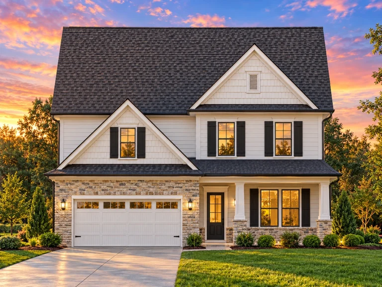 Front view of a Traditional Colonial style home featuring a balanced mix of horizontal siding and stone veneer, two-story design, and classic symmetry with black shutters.