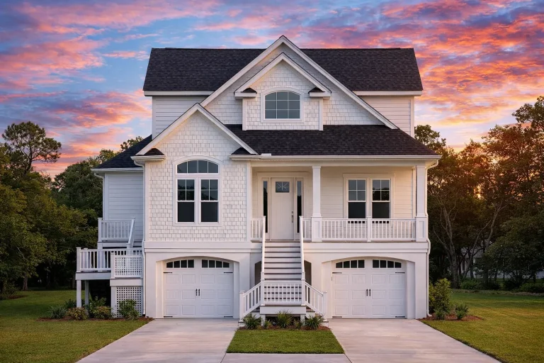 Beach Coastal Shingle Style house plan with raised garage, front porch, and gabled roof
