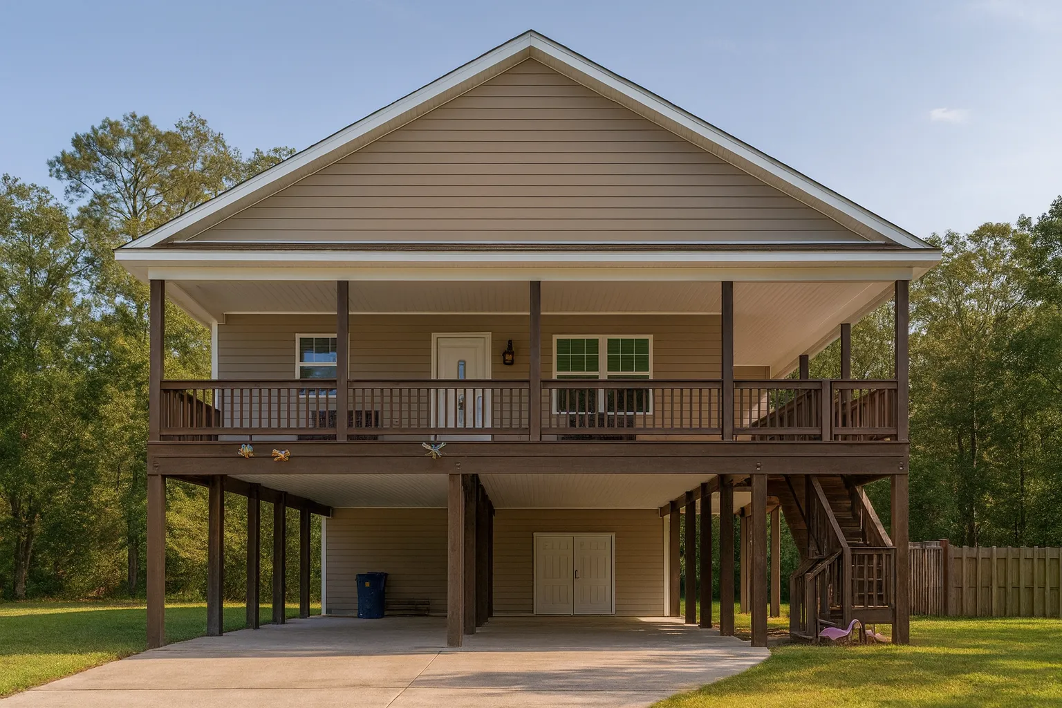 Front view of a raised Low Country coastal home on piers with horizontal siding and a full-width covered porch