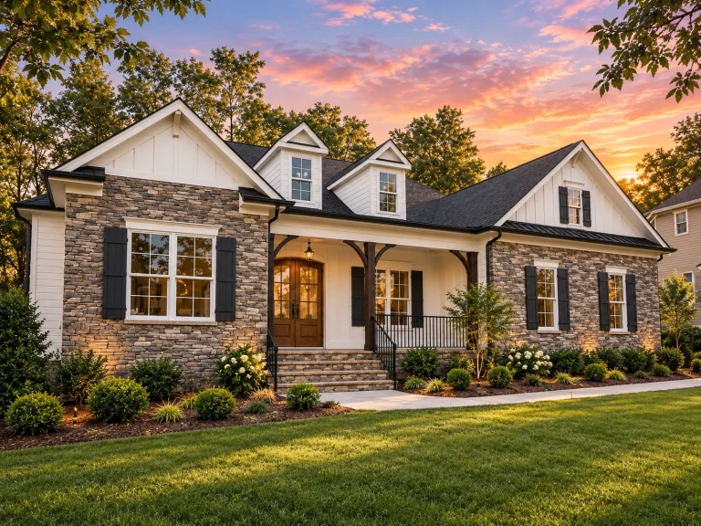 Craftsman home plan with stone and board-and-batten exterior, gabled roof, and front porch with dark double doors