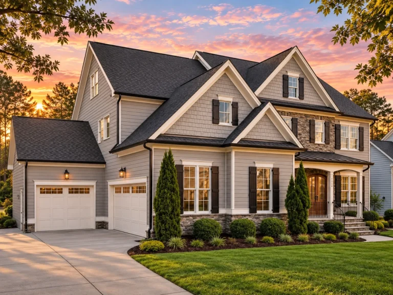 Beach House Plans 16 Front elevation of a Colonial style home featuring horizontal siding, stone accents, symmetrical windows, and a covered entry porch