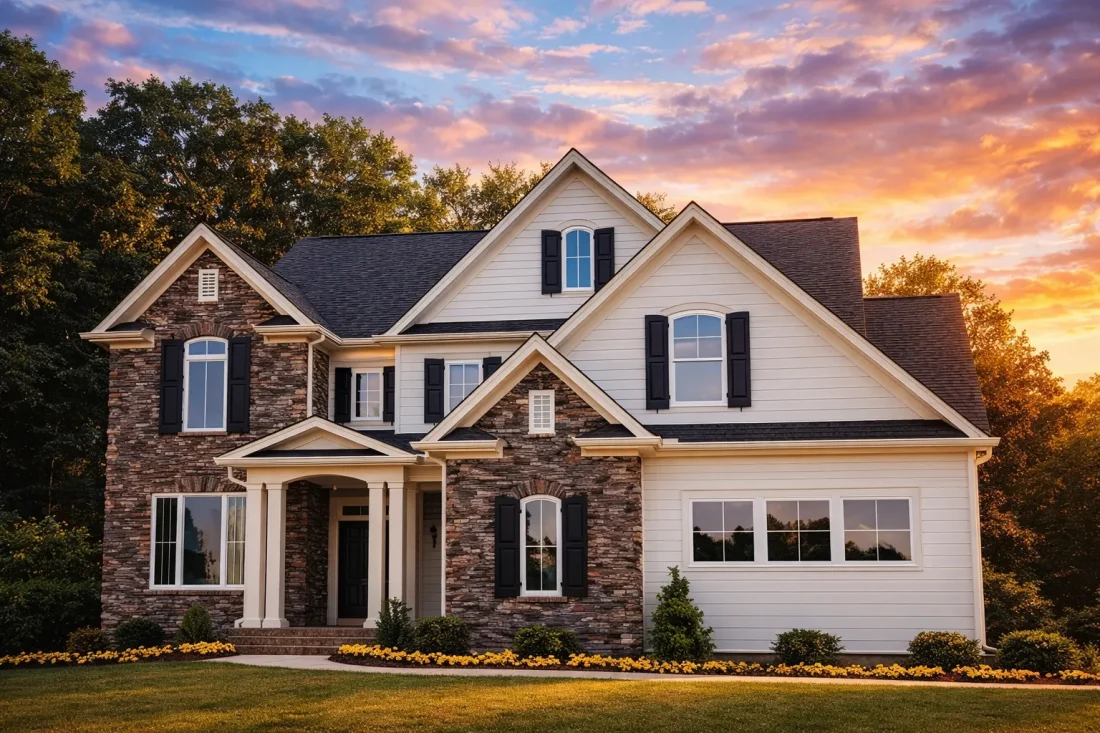 Front view of a Traditional Craftsman Colonial Revival style house featuring stone veneer and horizontal siding with gable detailing and inviting covered entry.