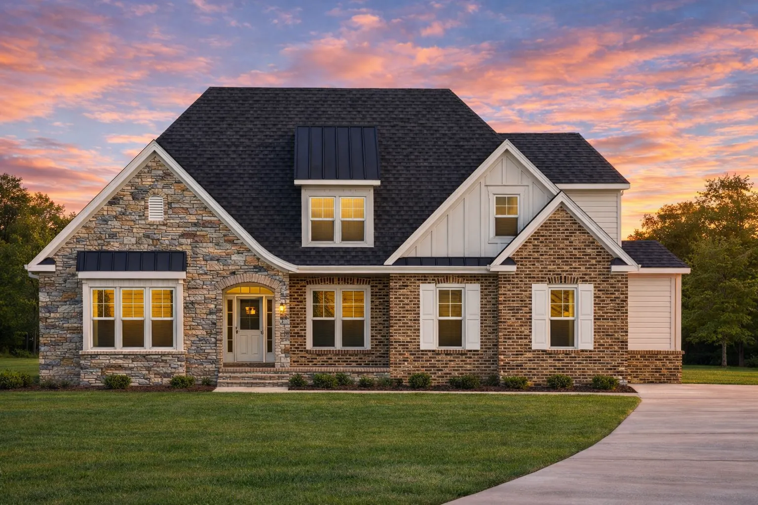 Front elevation of French Country style home featuring stone exterior, shingle accents, red shutters, and inviting covered porch entry