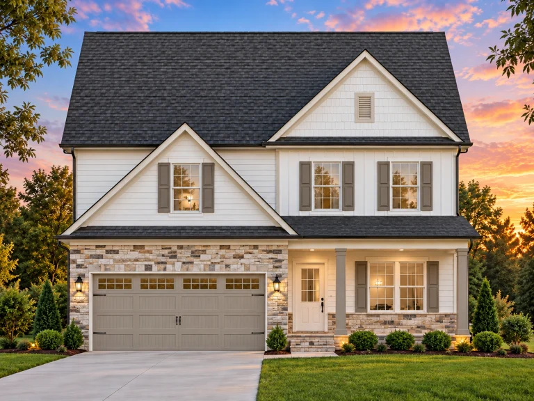 Front view of a Traditional Colonial style home featuring a balanced mix of horizontal siding and stone veneer, two-story design, and classic symmetry with black shutters.