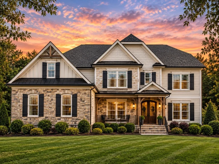 Tudor House Plans 15 Front elevation of a Traditional Colonial style home featuring horizontal siding, brick and stone accents, symmetrical windows, and manicured landscaping