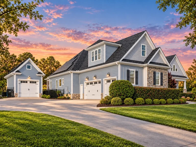 Front elevation of a Traditional Craftsman style home with lap siding, shingle gables, stone base, and covered front porch