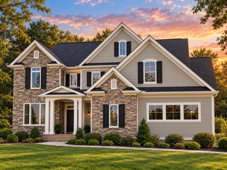 Front view of a Traditional Craftsman Colonial Revival style house featuring stone veneer and horizontal siding with gable detailing and inviting covered entry.