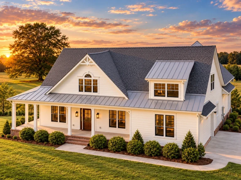 Top Designer-Approved House Plans 25 Front exterior view of a modern farmhouse style home featuring white board and batten siding, standing seam metal roof, dormer windows, and a covered front porch