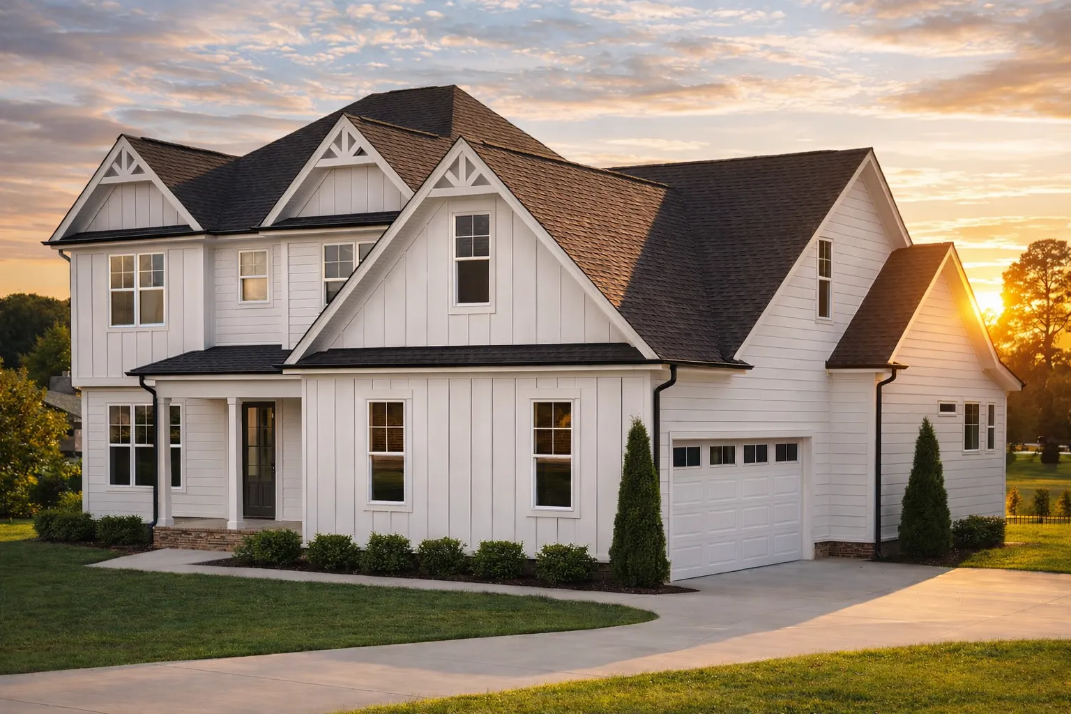 Front exterior view of a modern farmhouse style two-story home featuring white board and batten siding, gabled rooflines, and an attached two-car garage