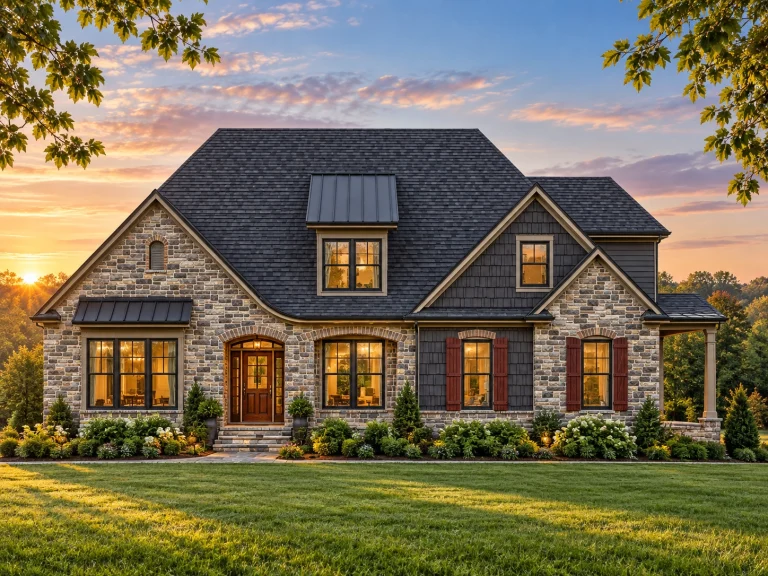 Top Designer-Approved House Plans 9 Front elevation of French Country style home featuring stone exterior, shingle accents, red shutters, and inviting covered porch entry