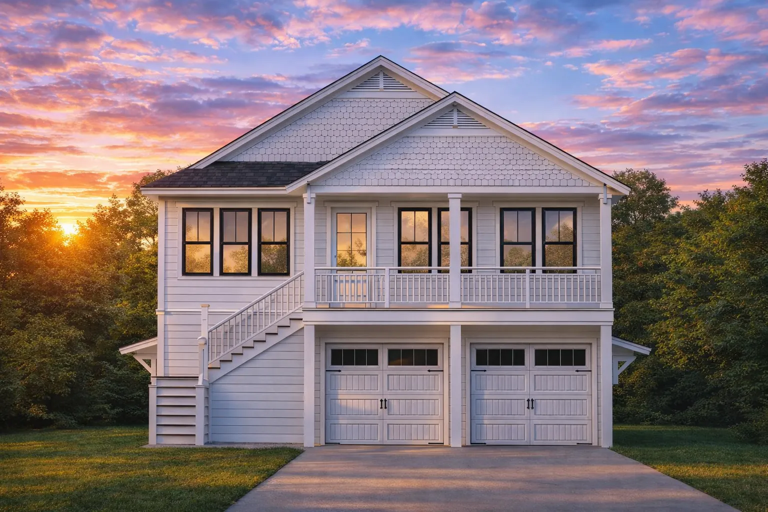 Front elevation of a Coastal Traditional garage apartment with lap siding, covered balcony, exterior stair, and dual garage bays