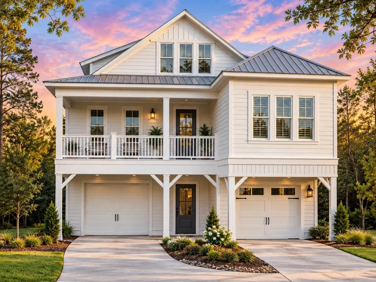 Front elevation of a traditional European style home with brick and stone exterior, arched windows, steep rooflines, and classic French Country architectural details