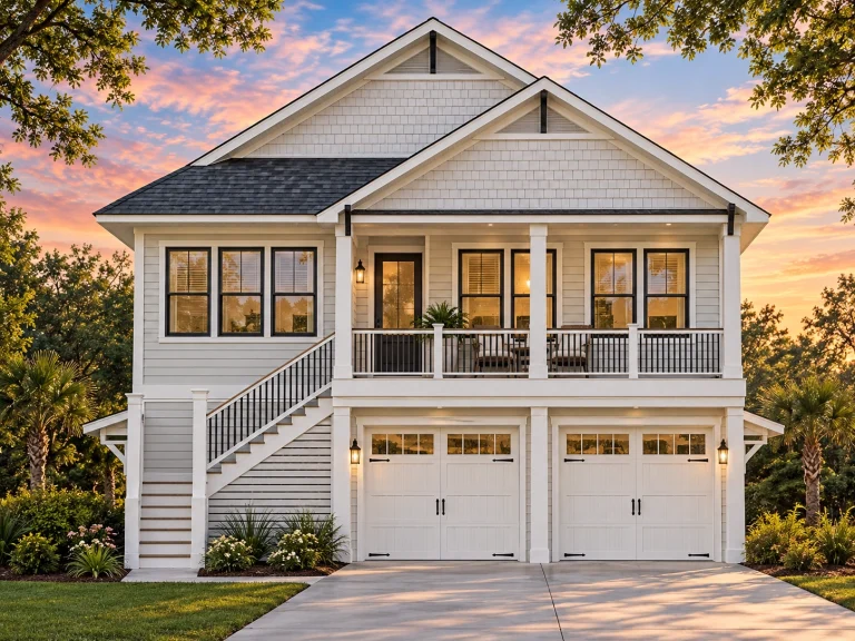 Front elevation of a Coastal Traditional garage apartment with lap siding, covered balcony, exterior stair, and dual garage bays