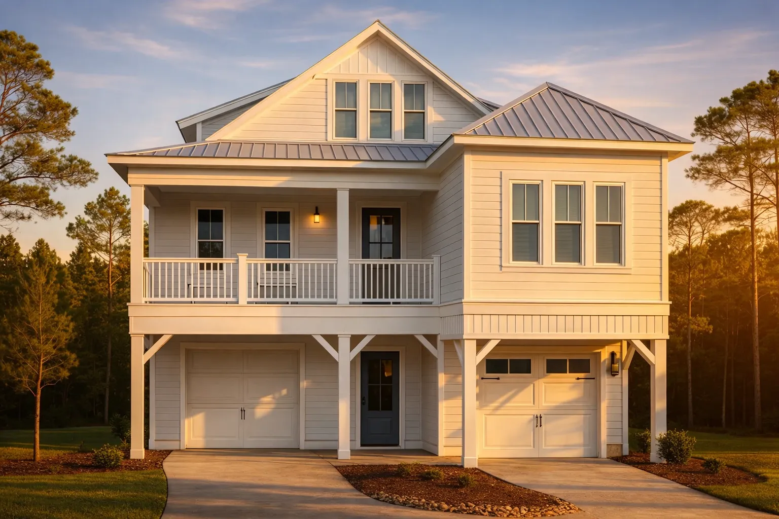 Front elevation of a traditional European style home with brick and stone exterior, arched windows, steep rooflines, and classic French Country architectural details