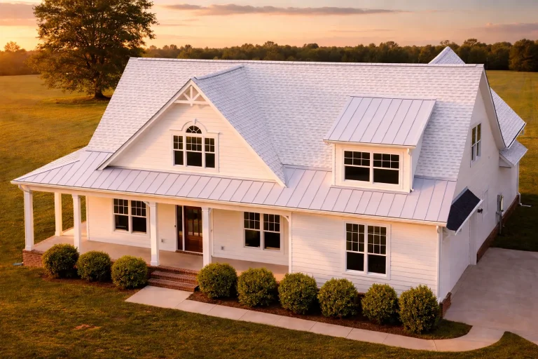 Front exterior view of a modern farmhouse style home featuring white board and batten siding, standing seam metal roof, dormer windows, and a covered front porch