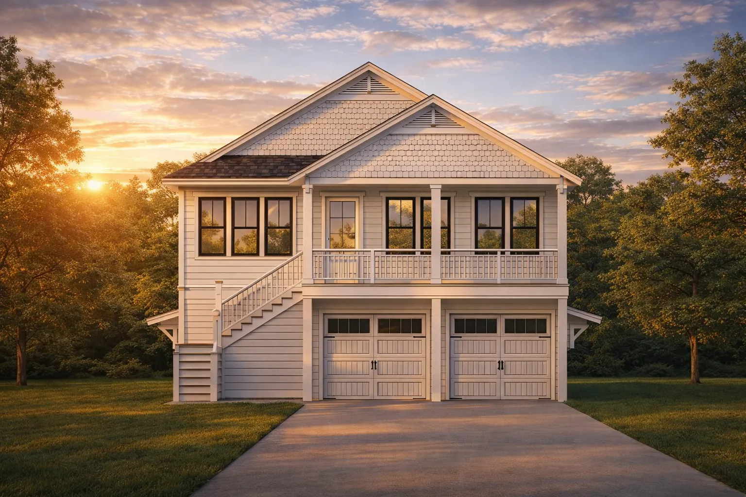 Front elevation of a Coastal Traditional garage apartment with lap siding, covered balcony, exterior stair, and dual garage bays