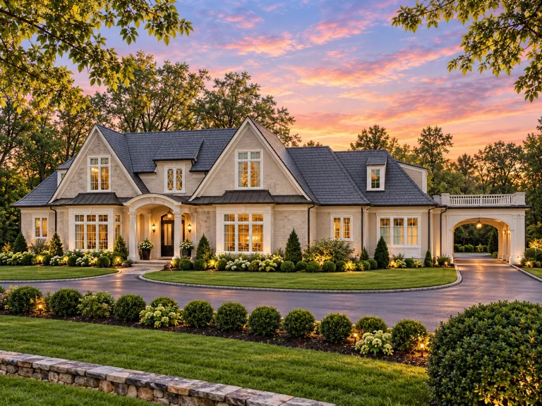 Best-Selling House Plans for Builders 5 Front exterior view of a French Country style luxury home featuring stone masonry, steep gabled rooflines, arched entry, and balanced European-inspired symmetry