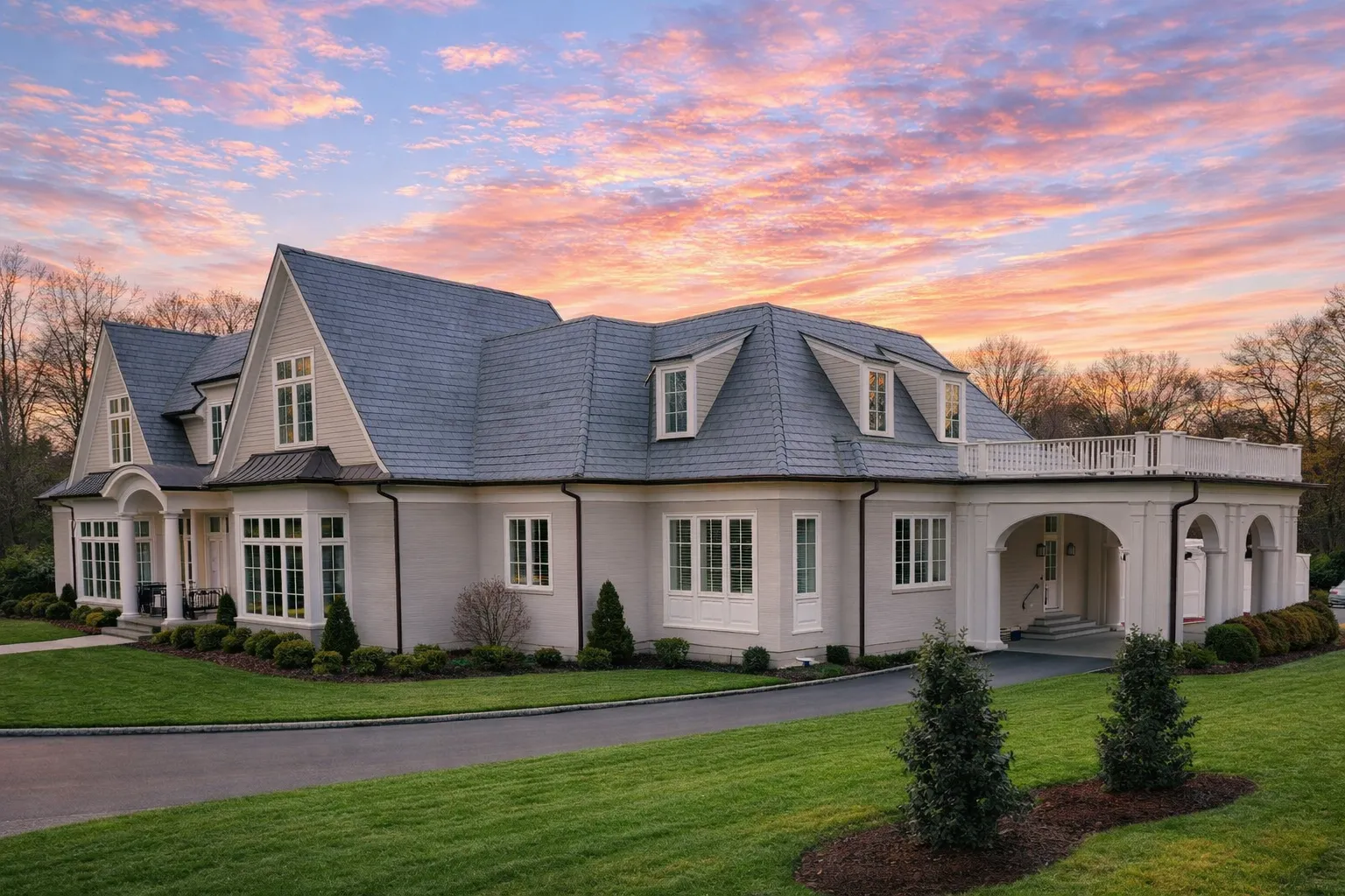Front exterior view of a French Country style luxury home featuring stone masonry, steep gabled rooflines, arched entry, and balanced European-inspired symmetry