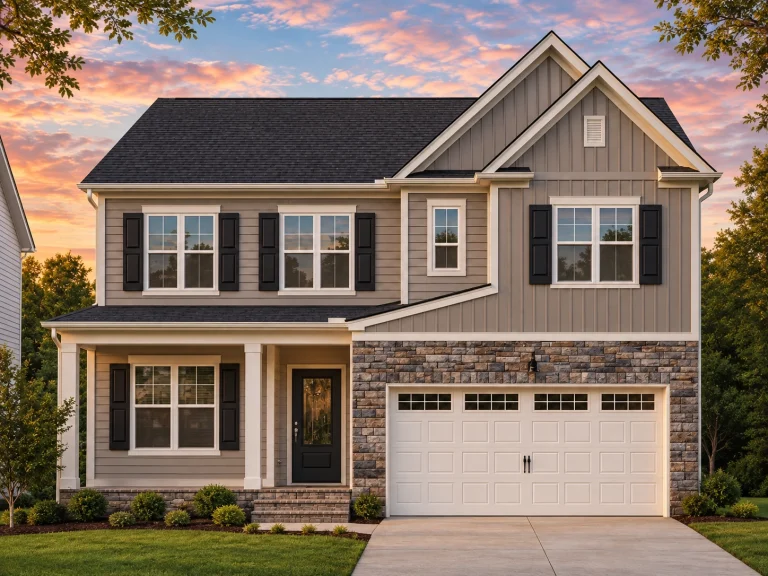 Front elevation of a Traditional Craftsman style two-story home featuring board and batten siding, stone veneer, and a welcoming front porch entry.