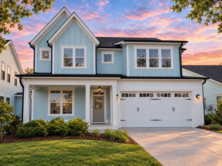 Front view of a Modern Farmhouse style home with brick and board and batten exterior, black framed windows, and a front-entry garage