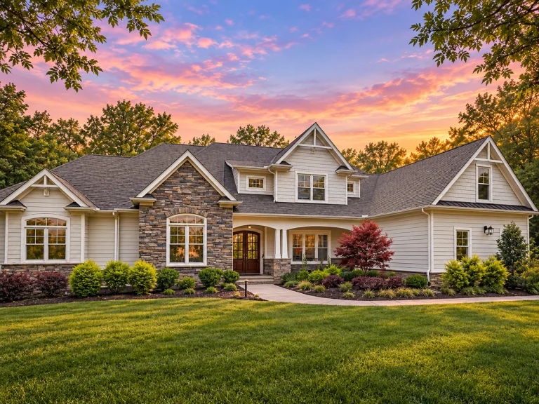 Front exterior of a New American Traditional style home featuring horizontal siding, stone veneer accents, multiple gables, and a welcoming covered entry