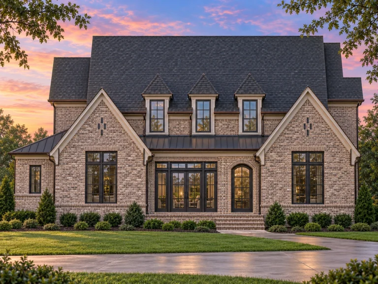 Front view of a Traditional Colonial style home featuring a mix of brick and stucco exterior, dormer windows, and a welcoming covered front porch