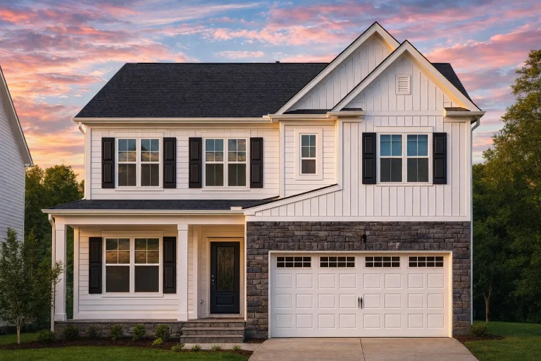 Front elevation of a Traditional Craftsman style two-story home featuring board and batten siding, stone veneer, and a welcoming front porch entry.