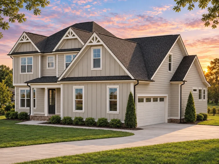 Conventional House Plans 10 Front exterior view of a modern farmhouse style two-story home featuring white board and batten siding, gabled rooflines, and an attached two-car garage