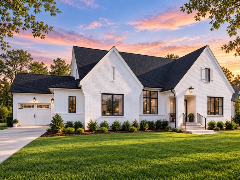 Front exterior view of a New American Modern Traditional house featuring a painted brick façade, steep gable rooflines, black-framed windows, and refined European-inspired detailing