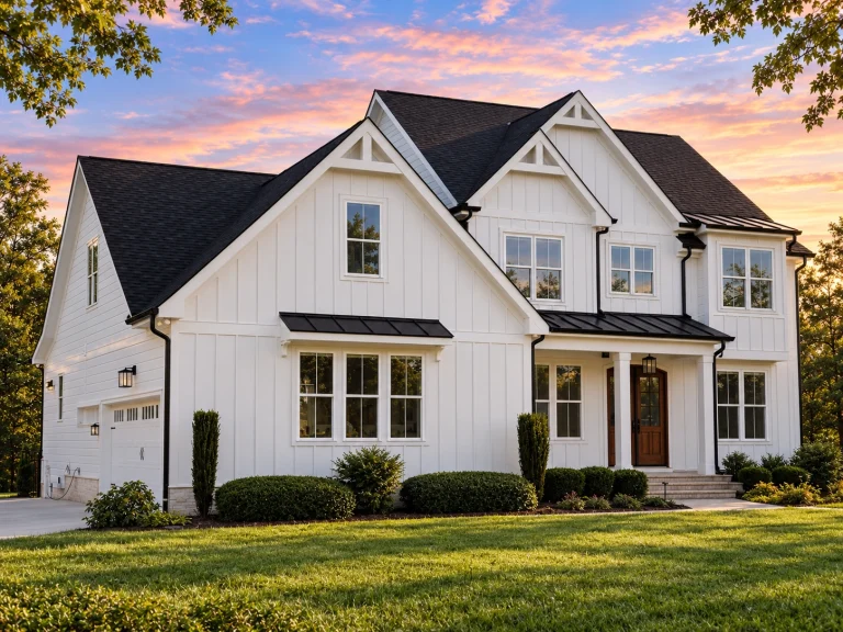 Front elevation of Modern Farmhouse home with white board and batten siding, stone accent wall, black windows, and gabled rooflines