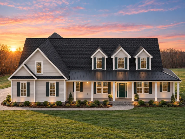Front elevation of a Cape Cod Colonial style home with white lap siding, black shutters, symmetrical dormers, and a covered front porch