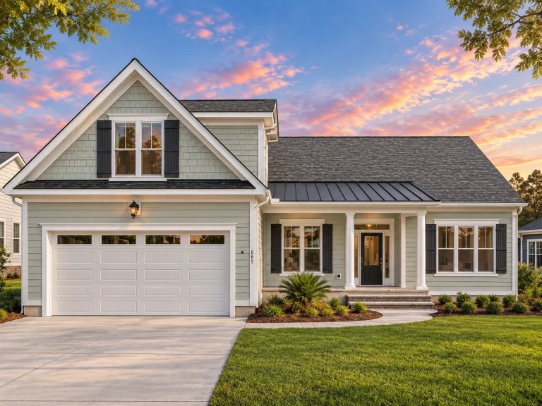 Conventional House Plans 11 Front elevation of a Coastal Shingle Style home featuring light blue horizontal siding, shingle accents, white trim, and a welcoming covered porch