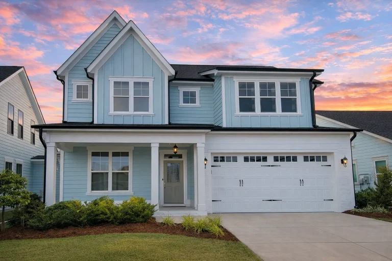 Front view of a Modern Farmhouse style home with brick and board and batten exterior, black framed windows, and a front-entry garage