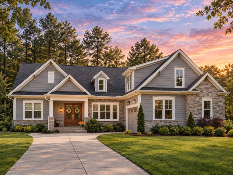 Front exterior of a New American Modern Traditional home with stone veneer, horizontal siding, Craftsman details, and attached garage