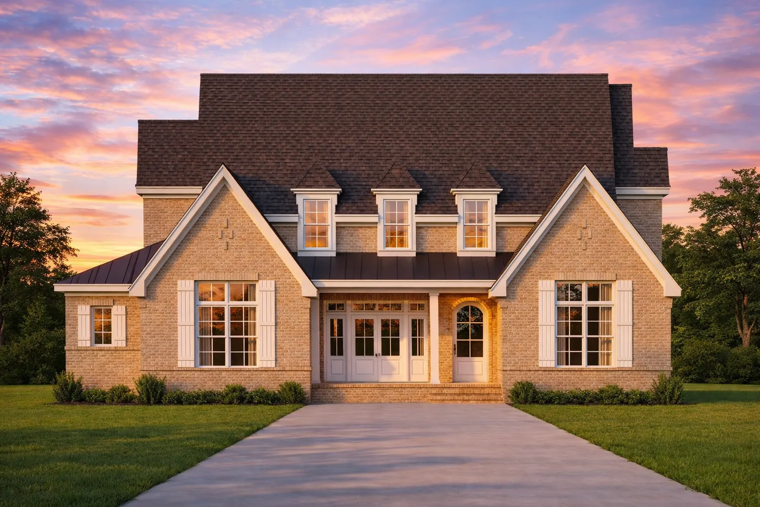 Front view of a Traditional Colonial style home featuring a mix of brick and stucco exterior, dormer windows, and a welcoming covered front porch