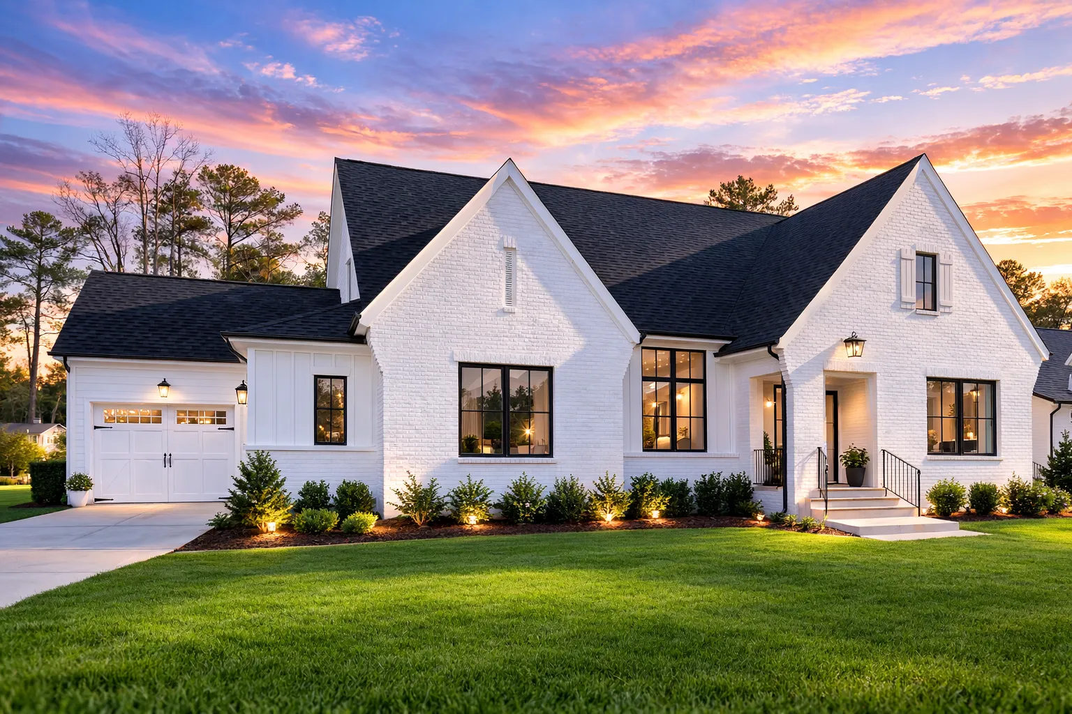 Front exterior view of a New American Modern Traditional house featuring a painted brick façade, steep gable rooflines, black-framed windows, and refined European-inspired detailing