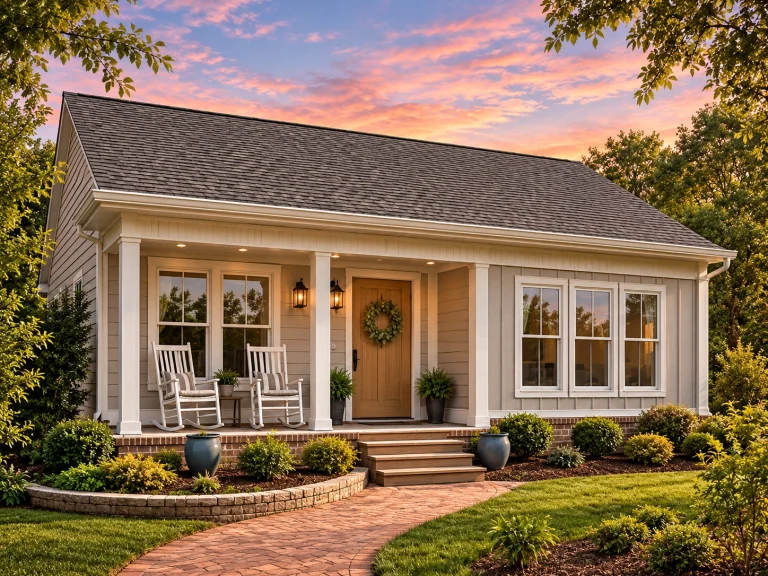 Front elevation of traditional ranch cottage style home with horizontal lap siding, covered porch, rocking chairs, and landscaped brick walkway