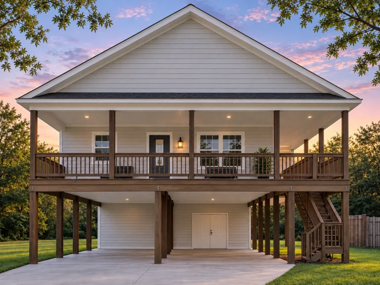 Front elevation of an elevated Coastal Low Country beach house featuring horizontal siding, wide porch, and raised pier foundation