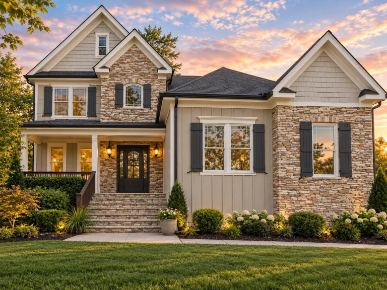 Front elevation of a New American Craftsman style home featuring stone veneer, board-and-batten siding, gabled rooflines, and welcoming entry porch