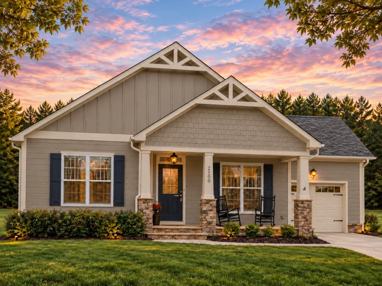 Front view of Craftsman ranch style home with board-and-batten gables, horizontal lap siding, stone water table, covered front porch, and single-car garage