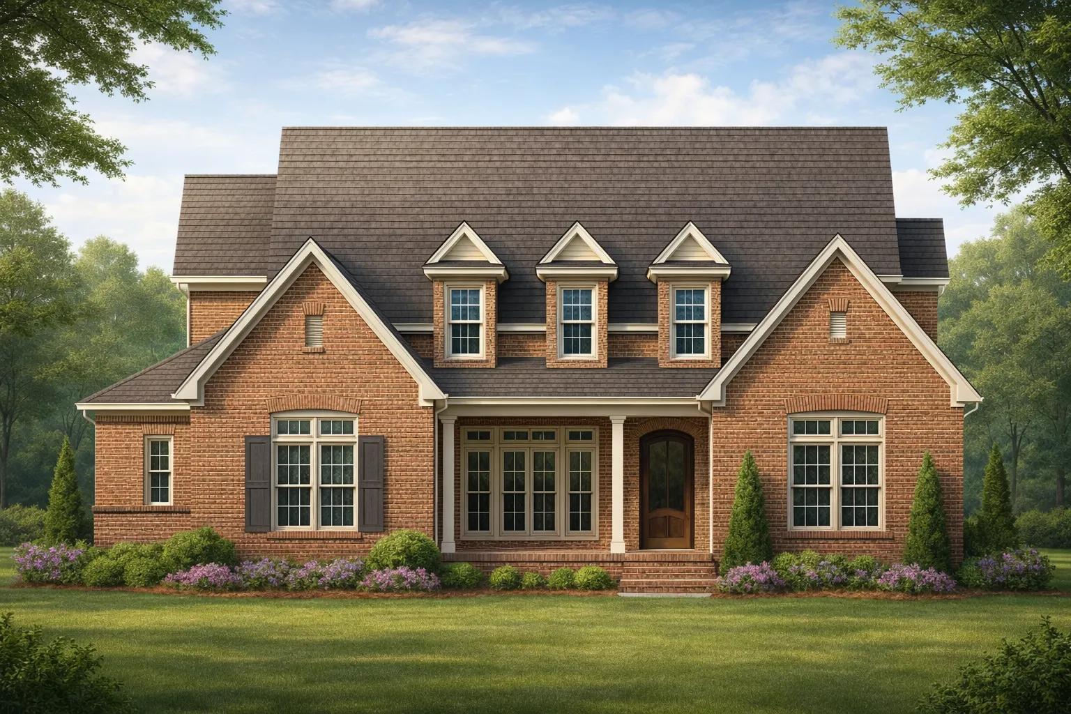 Front view of a Traditional Colonial style home featuring a mix of brick and stucco exterior, dormer windows, and a welcoming covered front porch