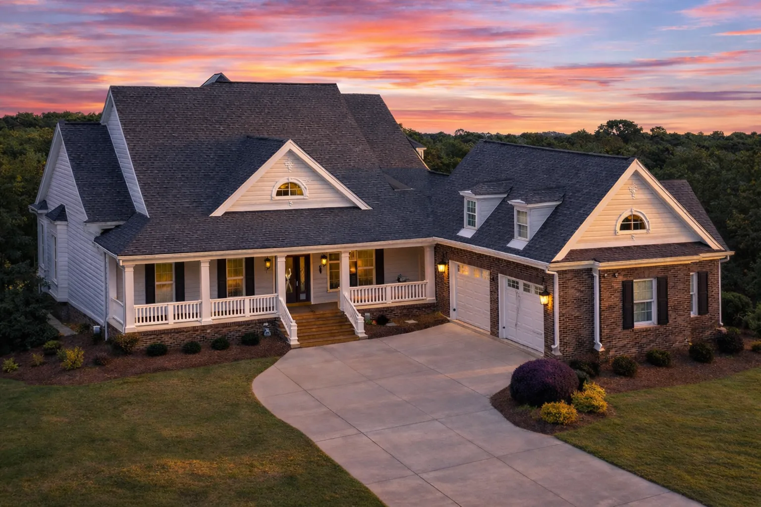 Front exterior of a Southern Traditional house with horizontal siding, brick garage, covered porch, and classic rooflines