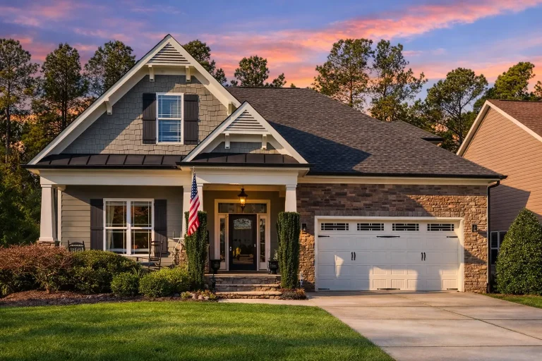 Front elevation of Craftsman style home with brick veneer, lap siding, shake gable accents, covered porch, and two-car garage
