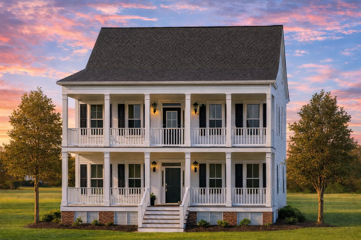 Front elevation of Low Country Charleston style home with double stacked porches, lap siding, brick pier foundation, and symmetrical Southern architecture
